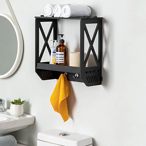 J JINXIAMU Bathroom Wall Shelf,Wall Shelves Over The Toilet Storage Fit for Any Room,Wall Shelf with Hooks Great Key Holder for Wall Decorative,Floating Bathroom Shelves Nice Bathroom Decor,Black