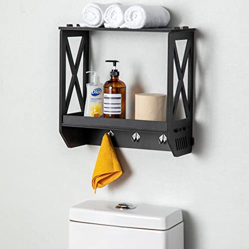 J JINXIAMU Bathroom Wall Shelf,Wall Shelves Over The Toilet Storage Fit for Any Room,Wall Shelf with Hooks Great Key Holder for Wall Decorative,Floating Bathroom Shelves Nice Bathroom Decor,Black