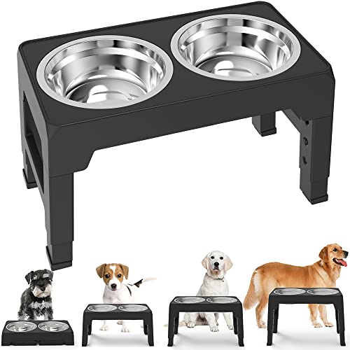 PANZZDA Elevated Dog Bowls Adjustable Raised Stand with Double Stainless Steel Food Bowls Adjusts to 4 Heights 3.1”, 8.6”, 10.2”, 11.8”, for Small Medium Large Dogs and Pets