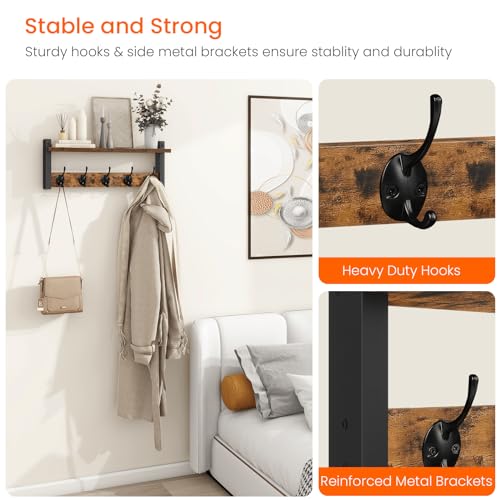 Homode Wall Hooks with Shelf, Wood Coat Rack with Shelf Wall-Mounted, Entryway Hanging Shelf with 5 Metal Hooks for Clothes Hats Towel Purse Robes, Bathroom Mudroom Bedroom, Rustic Brown Black