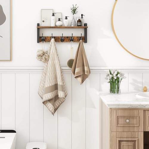 Homode Wall Hooks with Shelf, Wood Coat Rack with Shelf Wall-Mounted, Entryway Hanging Shelf with 5 Metal Hooks for Clothes Hats Towel Purse Robes, Bathroom Mudroom Bedroom, Rustic Brown Black