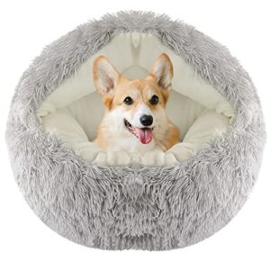 round soft plush fluffy dog bed - 22 inch small dog cave bed cat bed, self warming pet bed, pet sleeping bed for small dogs & cats, washable pet house cave bed for indoor kitty & puppy (grey)