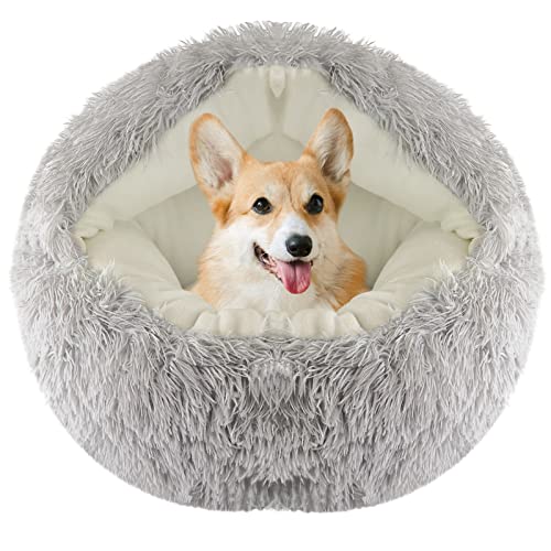 Round Soft Plush Fluffy Dog Bed - 22 Inch Small Dog Cave Bed Cat Bed, Self Warming Pet Bed, Pet Sleeping Bed for Small Dogs & Cats, Washable Pet House Cave Bed for Indoor Kitty & Puppy (Grey)