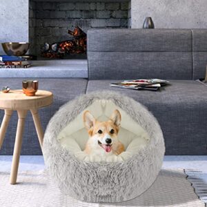 Round Soft Plush Fluffy Dog Bed - 22 Inch Small Dog Cave Bed Cat Bed, Self Warming Pet Bed, Pet Sleeping Bed for Small Dogs & Cats, Washable Pet House Cave Bed for Indoor Kitty & Puppy (Grey)