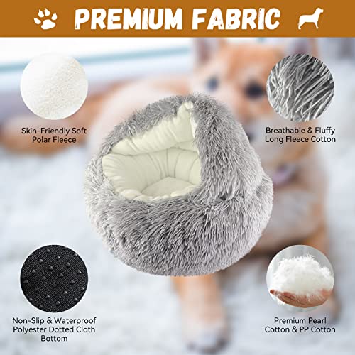 Round Soft Plush Fluffy Dog Bed - 22 Inch Small Dog Cave Bed Cat Bed, Self Warming Pet Bed, Pet Sleeping Bed for Small Dogs & Cats, Washable Pet House Cave Bed for Indoor Kitty & Puppy (Grey)