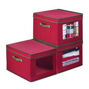 zober holiday accessory and decor storage box 3-pack with decorative trim, holiday storage solution, red