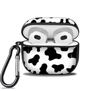 naiadiy airpods 3 (2021) case cover with keychain, pu leather edge bumper with cute black cow print pattern design, full body protective case cover for apple airpods 3rd generation charging case