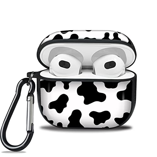 Naiadiy AirPods 3 (2021) Case Cover with Keychain, PU Leather Edge Bumper with Cute Black Cow Print Pattern Design, Full Body Protective Case Cover for Apple AirPods 3rd Generation Charging Case