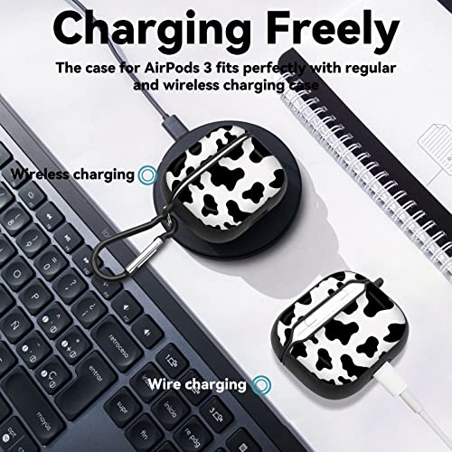 Naiadiy AirPods 3 (2021) Case Cover with Keychain, PU Leather Edge Bumper with Cute Black Cow Print Pattern Design, Full Body Protective Case Cover for Apple AirPods 3rd Generation Charging Case