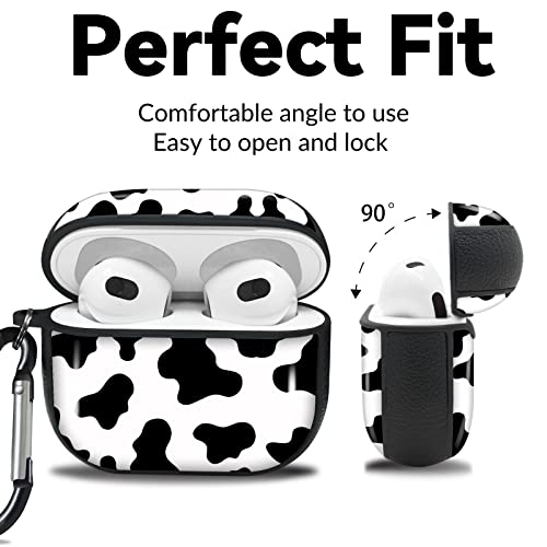 Naiadiy AirPods 3 (2021) Case Cover with Keychain, PU Leather Edge Bumper with Cute Black Cow Print Pattern Design, Full Body Protective Case Cover for Apple AirPods 3rd Generation Charging Case