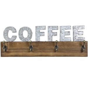 MyGift Wall Mounted Rustic Burnt Wood Coffee Mug Rack with 4 Dual Hooks and Galvanized Silver Metal Coffee Cutout Design, Wall Hanging Cup Holder