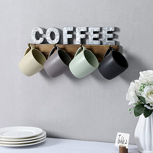 MyGift Wall Mounted Rustic Burnt Wood Coffee Mug Rack with 4 Dual Hooks and Galvanized Silver Metal Coffee Cutout Design, Wall Hanging Cup Holder