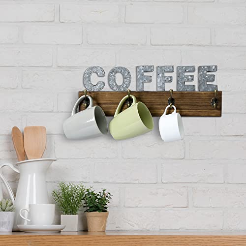 MyGift Wall Mounted Rustic Burnt Wood Coffee Mug Rack with 4 Dual Hooks and Galvanized Silver Metal Coffee Cutout Design, Wall Hanging Cup Holder