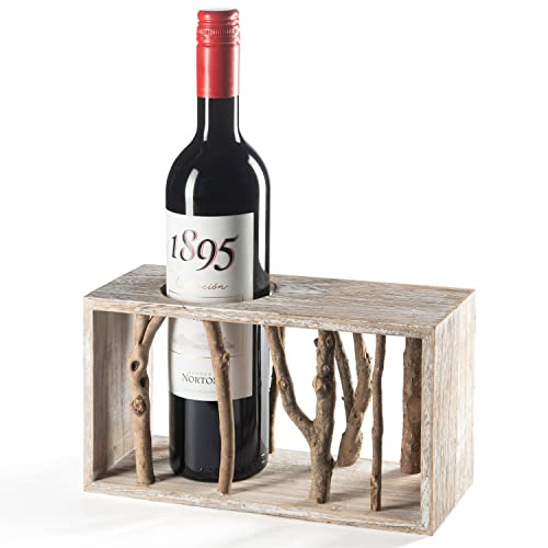 Wooden Wine Rack - Wine Bottle Holder - Rustic Tabletop Birch Wood Single Wine Stand - Freestanding Countertop Liquor Bottles Display w/ Branch Accents, Handmade Gift Decor Housewarming Bar or Kitchen