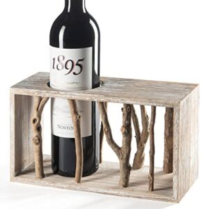 Wooden Wine Rack - Wine Bottle Holder - Rustic Tabletop Birch Wood Single Wine Stand - Freestanding Countertop Liquor Bottles Display w/ Branch Accents, Handmade Gift Decor Housewarming Bar or Kitchen