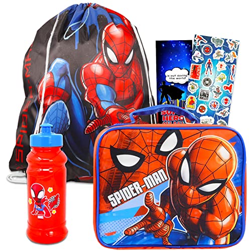 Marvel Shop Spiderman Lunch Box Set - Bundle with Spiderman Drawstring Bag, Spiderman Water Bottle, More