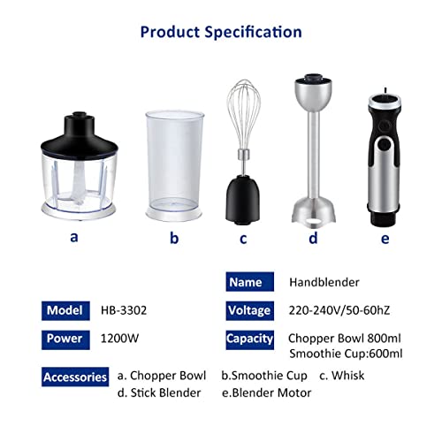 TRACONN Immersion Hand Blender Multi-Purpose 220V 4 IN 1 Blender Heavy Duty Copper Motor Stainless Steel Finish Includes Whisk Attachment, Chopper and Smoothies Cup (HB3302 EU Plug)