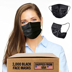 2000 black disposable face masks bulk (40 packs, 50pcs/pack), non woven thick 3-layers breathable facial masks with adjustable ear loop, mouth and nose cover