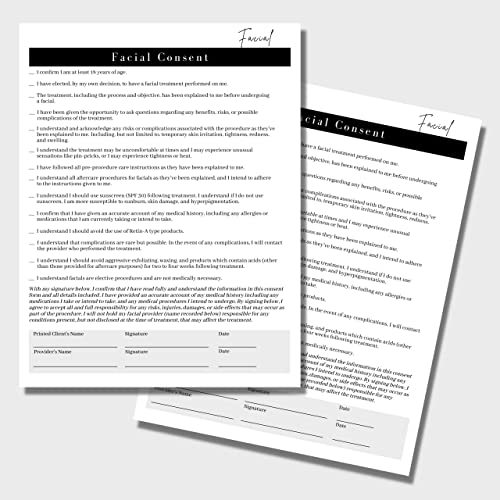 Facial Intake, Consent, and Aftercare Form | 75 Pack | 8.5 x 11" A1 Forms | Clients Signature | 25 Intake Forms, 25 Consent Forms, 25 Aftercare Forms | Minimalist Design