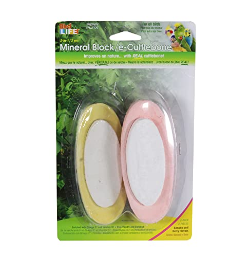 Penn-Plax Bird-Life 2-in-1 E-Cuttlebone & Mineral Blocks – Banana & Berry Flavors – Great for All Birds – 2 Pack