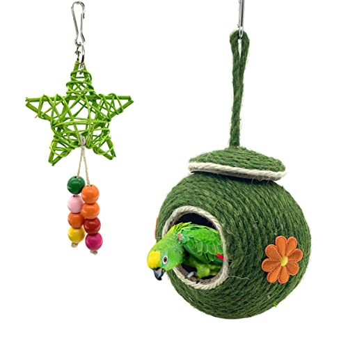 CooShou Bird Nest Coconut Woven Straw, Natural Coconut Pet Bird Cage with Green Straw Rope Woven Cover，Bird Nesting for Small Parrot, Parakeet Conures Cockatiel, Lovebird, Finches