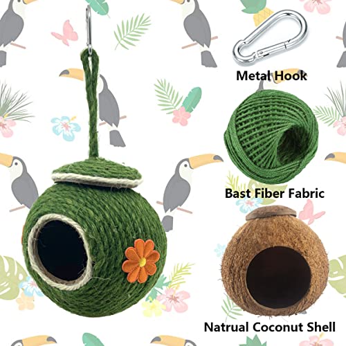 CooShou Bird Nest Coconut Woven Straw, Natural Coconut Pet Bird Cage with Green Straw Rope Woven Cover，Bird Nesting for Small Parrot, Parakeet Conures Cockatiel, Lovebird, Finches