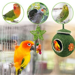 CooShou Bird Nest Coconut Woven Straw, Natural Coconut Pet Bird Cage with Green Straw Rope Woven Cover，Bird Nesting for Small Parrot, Parakeet Conures Cockatiel, Lovebird, Finches