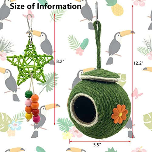 CooShou Bird Nest Coconut Woven Straw, Natural Coconut Pet Bird Cage with Green Straw Rope Woven Cover，Bird Nesting for Small Parrot, Parakeet Conures Cockatiel, Lovebird, Finches