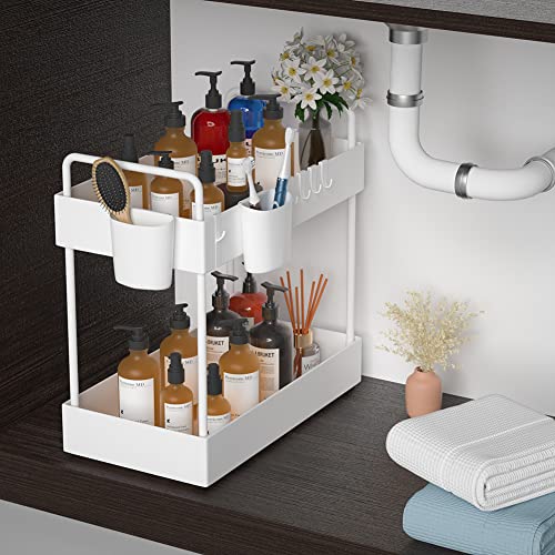 Ormeli Under Sink Organizer, 2 Tier Bathroom Sink Storage Under Cabinet Organizer Baskets Kitchen Countertop Organizer Multi-purpose Bath Collection Baskets with 6 Hooks 2 Hanging Cups(1 Pack, White)