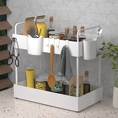 Ormeli Under Sink Organizer, 2 Tier Bathroom Sink Storage Under Cabinet Organizer Baskets Kitchen Countertop Organizer Multi-purpose Bath Collection Baskets with 6 Hooks 2 Hanging Cups(1 Pack, White)