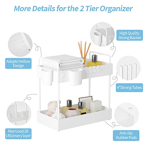 Ormeli Under Sink Organizer, 2 Tier Bathroom Sink Storage Under Cabinet Organizer Baskets Kitchen Countertop Organizer Multi-purpose Bath Collection Baskets with 6 Hooks 2 Hanging Cups(1 Pack, White)