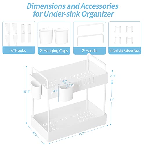 Ormeli Under Sink Organizer, 2 Tier Bathroom Sink Storage Under Cabinet Organizer Baskets Kitchen Countertop Organizer Multi-purpose Bath Collection Baskets with 6 Hooks 2 Hanging Cups(1 Pack, White)