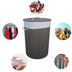 Gymbidium Foldable Durable Bamboo Laundry Basket Hamper with 2 Removable Liner bags, Bedroom (Round, Grey)