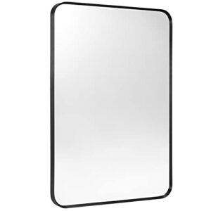 minuover wall mount mirror for bathroom, brush black metal framed rounded corner rectangular vanity mirror (24" x 36", black)