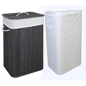 clothes laundry hamper with rope handles bamboo, with 2 removable liner bags, grey