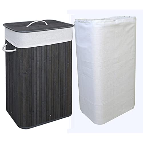 Clothes Laundry Hamper with Rope Handles Bamboo, with 2 Removable Liner Bags, Grey