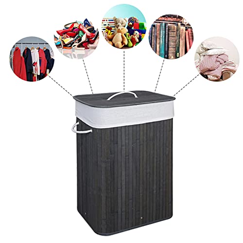 Clothes Laundry Hamper with Rope Handles Bamboo, with 2 Removable Liner Bags, Grey