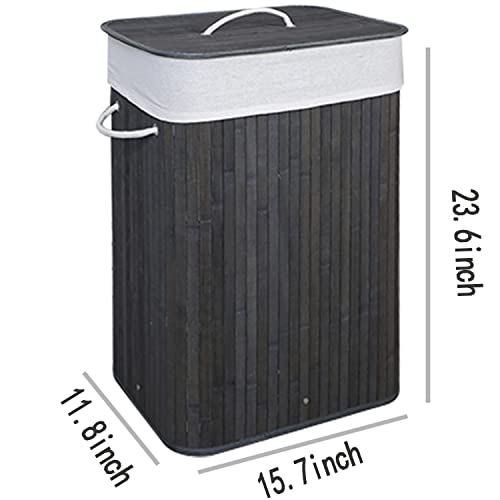 Clothes Laundry Hamper with Rope Handles Bamboo, with 2 Removable Liner Bags, Grey