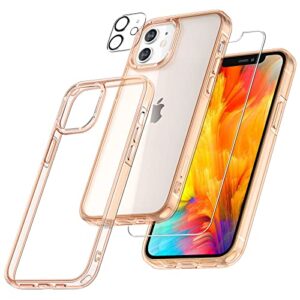 TAURI [5 in 1 for iPhone 12 Case, Non-Yellowing, with 2 Tempered Glass Screen Protectors + 2 Camera Lens Protectors, Shockproof Slim Phone Case iPhone 12, Drop Protection Rose Gold