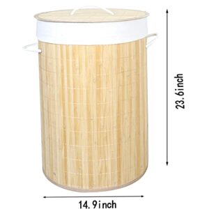 Bamboo Round Clothes Laundry Hamper with Lid 2 Removable Liner Bags,Handwoven Bamboo Laundry Basket with Easy Carry Handles,Large Clothes Basket for Clothes,Bedroom, Toys in Bathroom, Beige