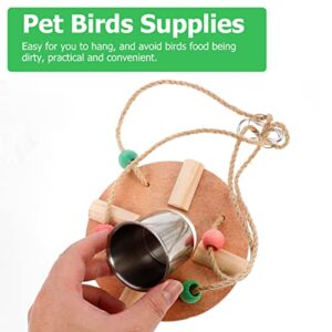 POPETPOP Bird Feeding Dish Cups with Wood Platform Hanging Parrot Cage Feeder Water Bowl Stainless Steel Birdcage Bowls Feeding Perch Play Stand Swing for Indoor Outdoor Pet Bird