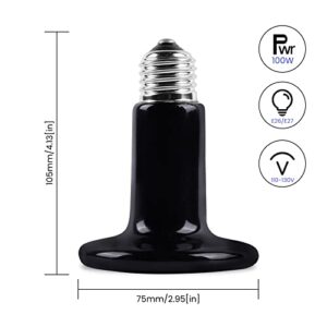 Lustaled 100W Ceramic Heat Emitter Bulb, Infrared Heat Bulbs Reptile Heat Lamp with E26/E27 Base No Light Emitting for Pet Brooder Coop Heater Chicken Turtle Lizards Snake Amphibian (Black, 2-Pack)