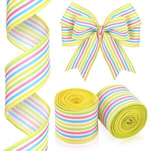 20 yard spring ribbon easter stripe wired ribbon burlap pastel stripe ribbon pink lime yellow white blue 2 rolls for spring diy craft baby shower gender reveal easter holiday decoration (2.5'')