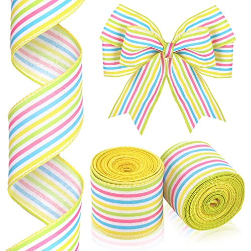 20 Yard Spring Ribbon Easter Stripe Wired Ribbon Burlap Pastel Stripe Ribbon Pink Lime Yellow White Blue 2 Rolls for Spring DIY Craft Baby Shower Gender Reveal Easter Holiday Decoration (2.5'')