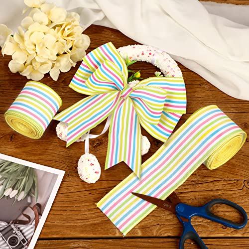 20 Yard Spring Ribbon Easter Stripe Wired Ribbon Burlap Pastel Stripe Ribbon Pink Lime Yellow White Blue 2 Rolls for Spring DIY Craft Baby Shower Gender Reveal Easter Holiday Decoration (2.5'')