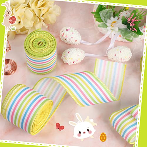 20 Yard Spring Ribbon Easter Stripe Wired Ribbon Burlap Pastel Stripe Ribbon Pink Lime Yellow White Blue 2 Rolls for Spring DIY Craft Baby Shower Gender Reveal Easter Holiday Decoration (2.5'')