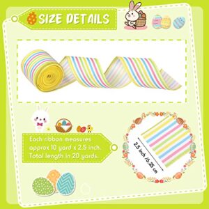 20 Yard Spring Ribbon Easter Stripe Wired Ribbon Burlap Pastel Stripe Ribbon Pink Lime Yellow White Blue 2 Rolls for Spring DIY Craft Baby Shower Gender Reveal Easter Holiday Decoration (2.5'')