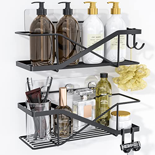 Masoffi Adhesive Shower Shelves for Inside Shower with Hooks, Wall Mounted Shower Caddy No Drilling Bathroom Shower Storage, 304 Stainless Steel Rustproof Shower Rack 2 Pack Black