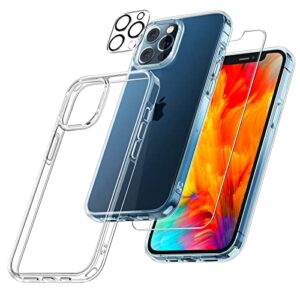 tauri 5-in-1 designed for iphone 12 pro max case, [non-yellowing] with 2 screen protectors + 2 camera lens protectors, shockproof slim phone case 6.7 inch, drop protection, clear