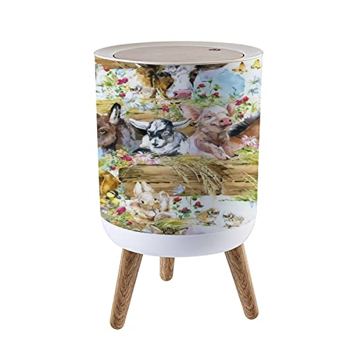 Small Trash Can with Lid Farms Animal Seamless Cute Domestic Pets Watercolor foal Piggy Chicken 7 Liter Round Garbage Can Elasticity Press Cover Lid Wastebasket for Kitchen Bathroom Office 1.8 Gallon